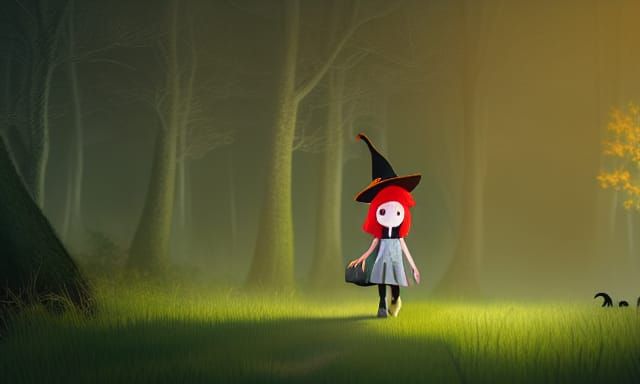 Cute Witch and Cat in Twilight Forest
