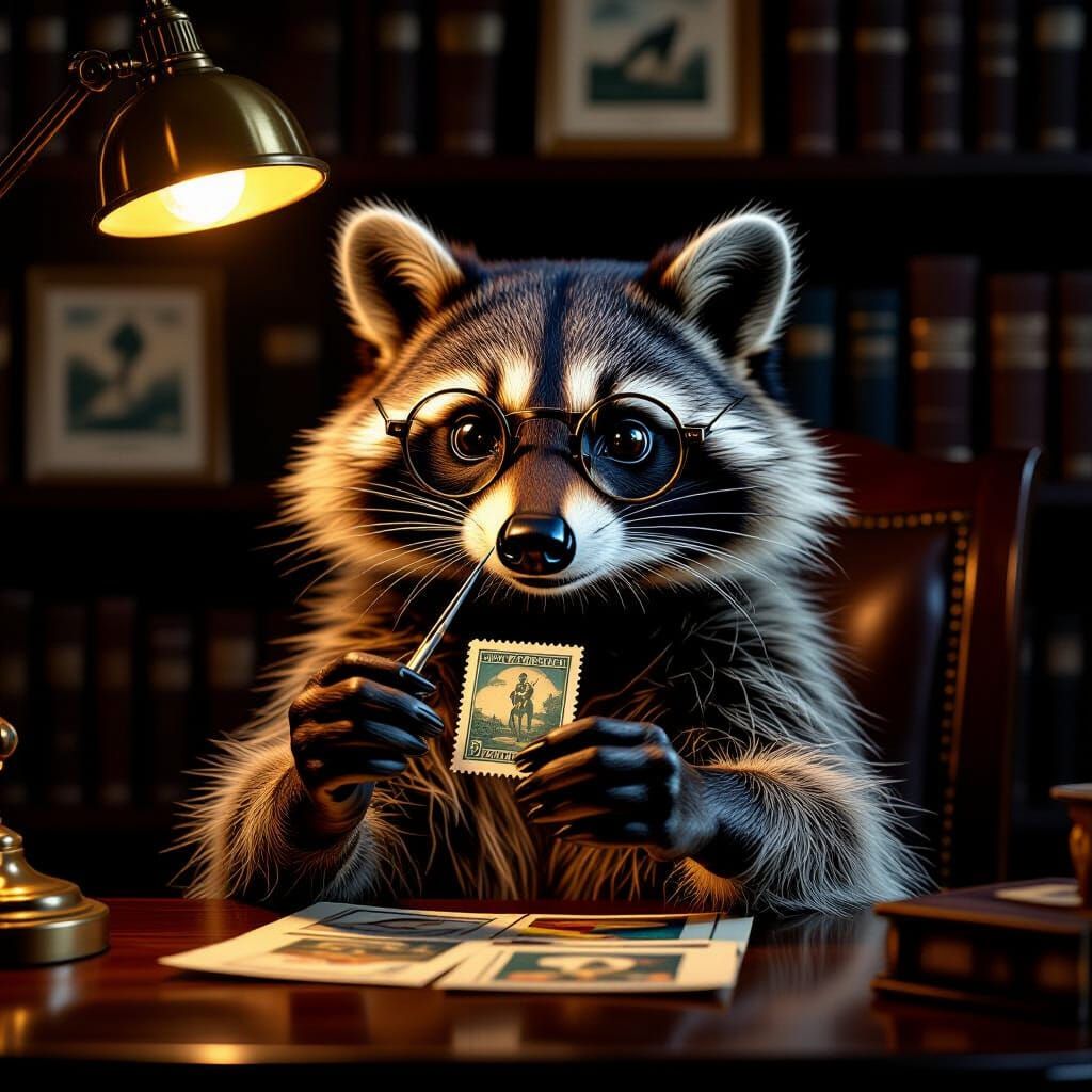 Dapper Raccoon Stamp Collector in Golden Light