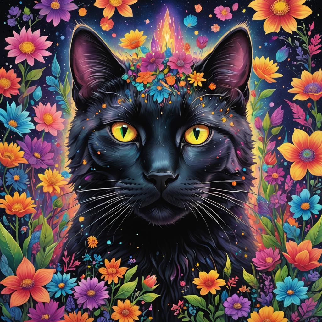 Cosmic Cat Surrounded by Neon Flowers