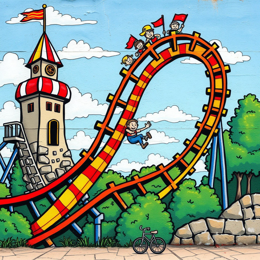 Humorous Rollercoaster Mural in Cartoon Style