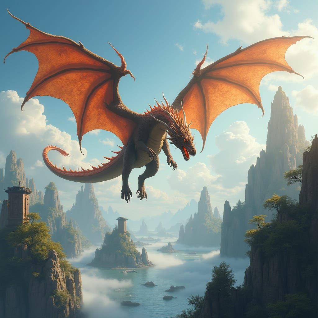 Majestic Dragon soars through Enchanted Skies with Islands a...