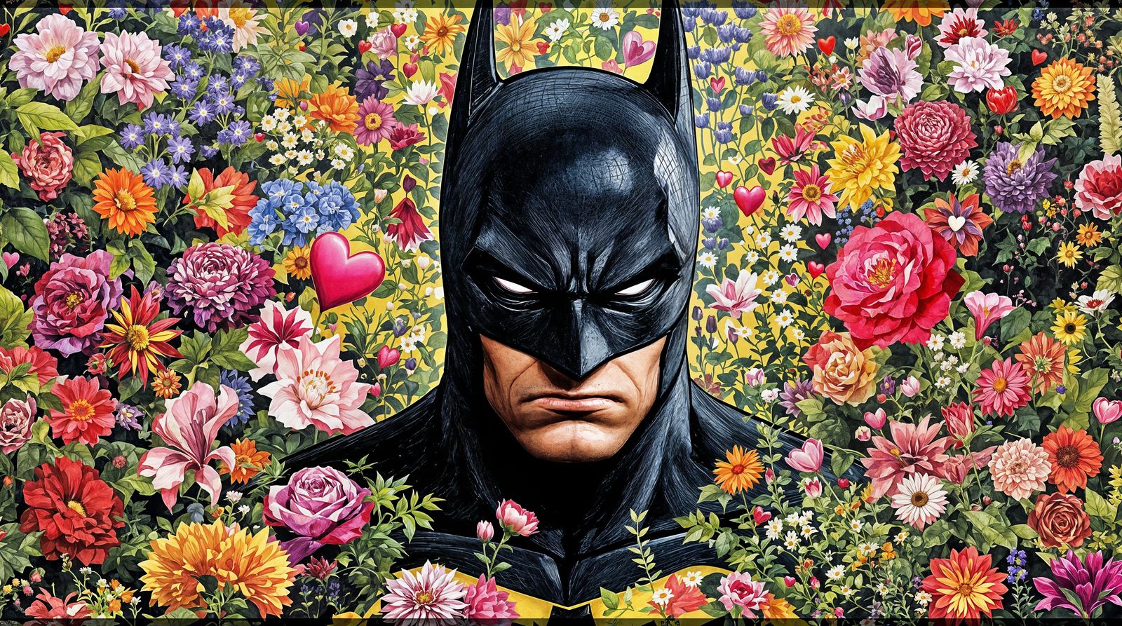Grumpy Dark Knight Surrounded by Whimsical Flowers