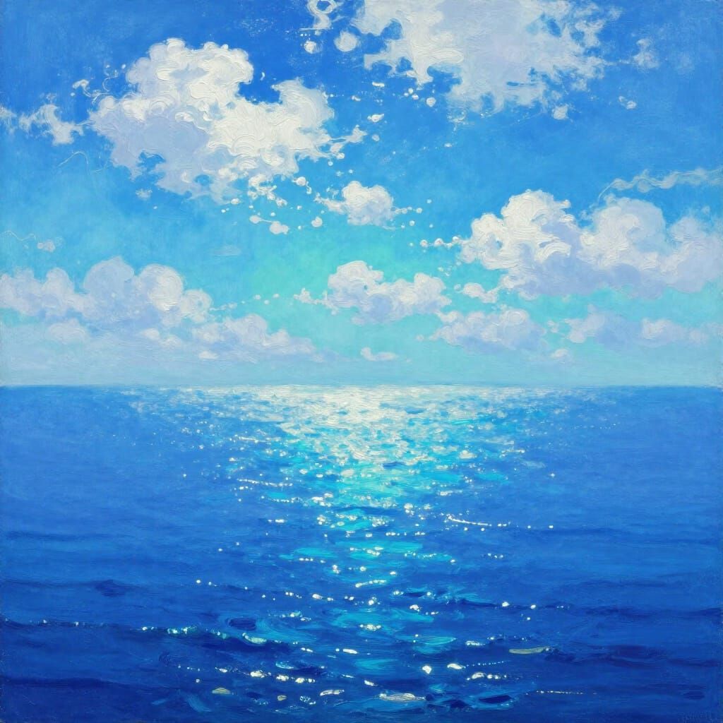 Vast Sapphire Ocean Under Cerulean Sky in Impressionistic St...