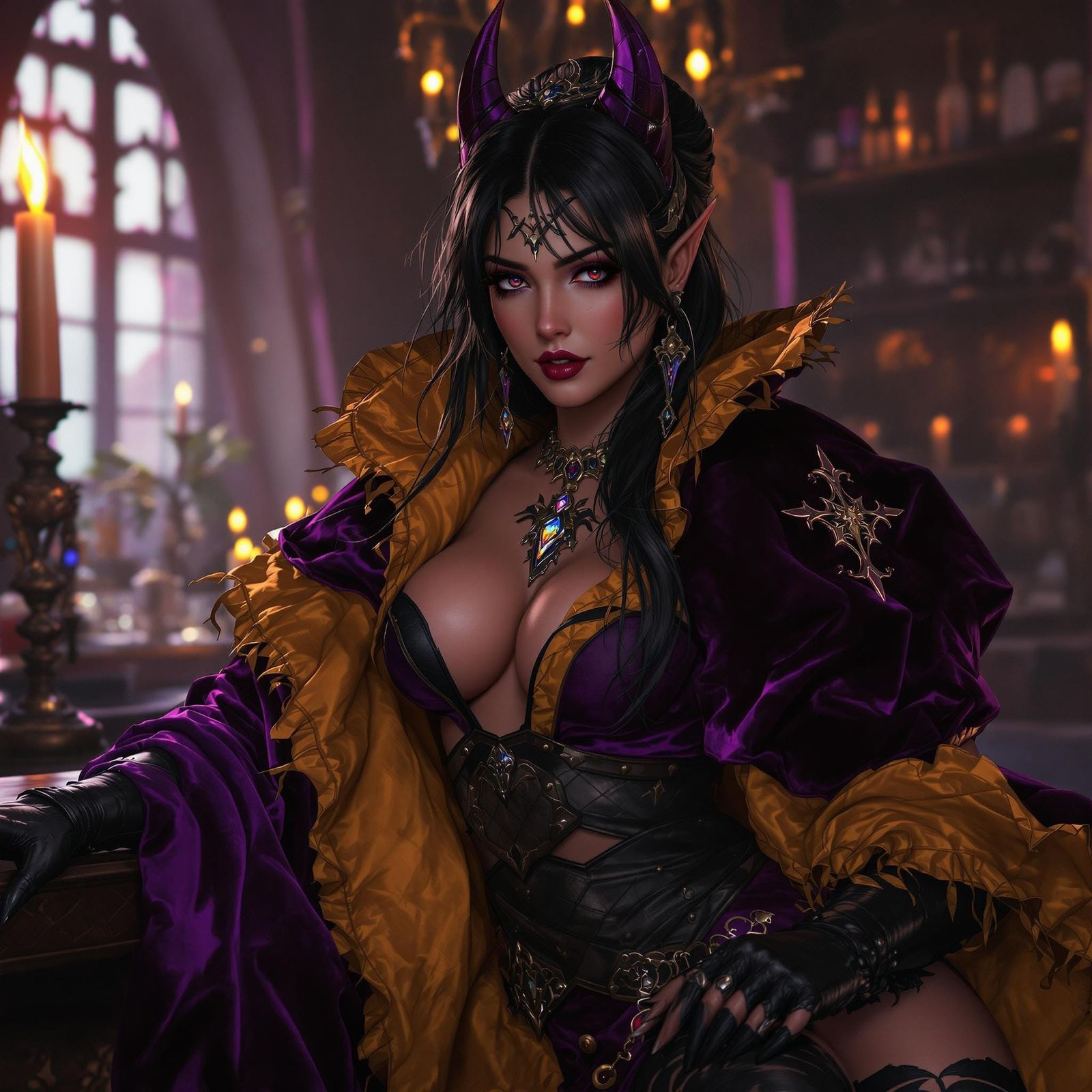Medieval Fantasy Barmaid in Opulent Velvet and Leather Attir...