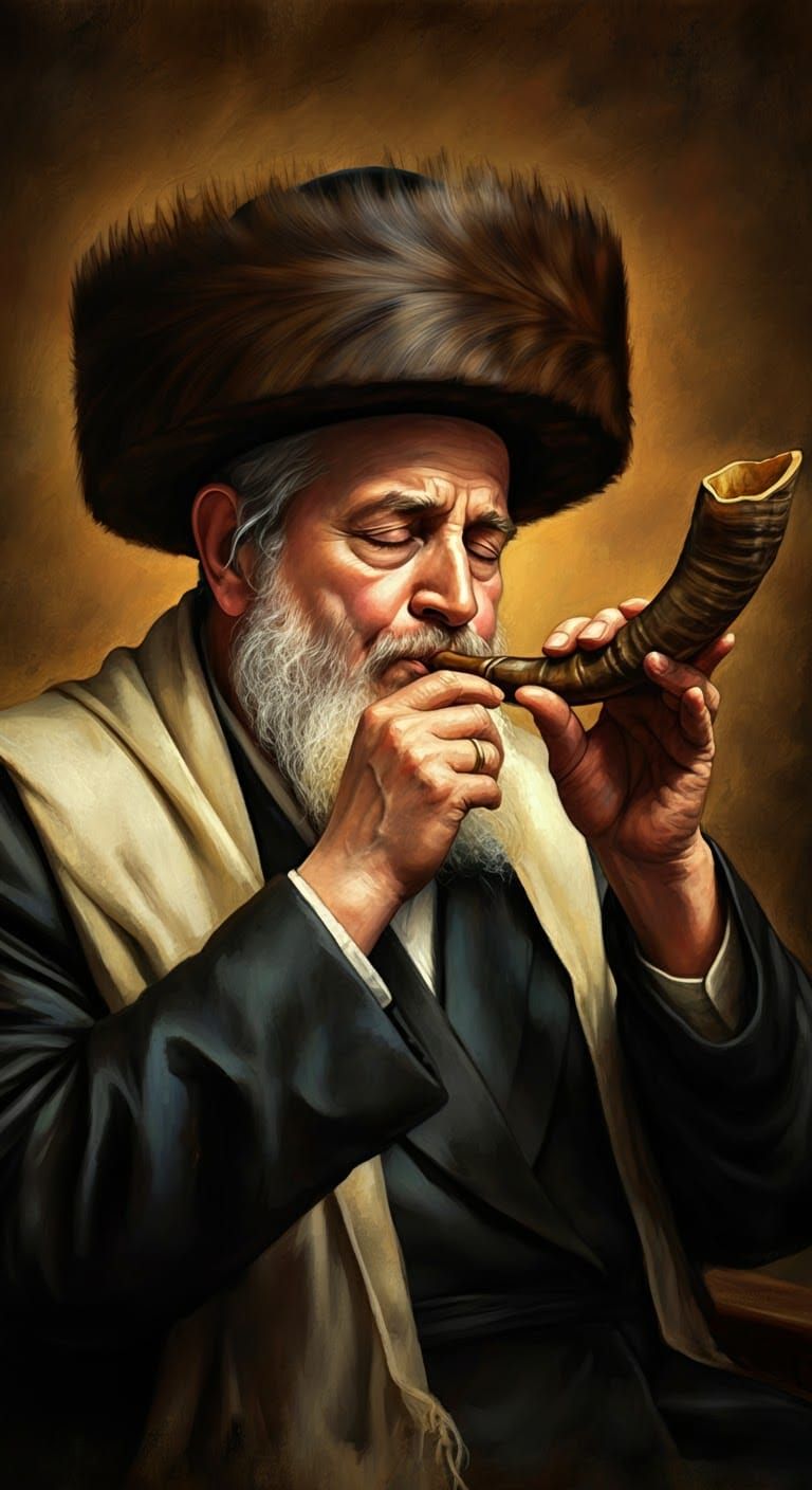 Rabbi Blowing Shofar in Rembrandt Lighting