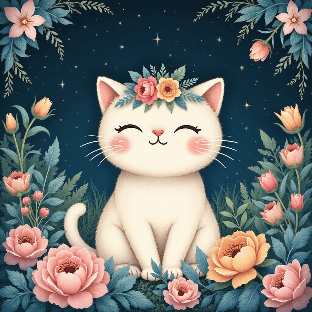 Celestial Kawaii Cat in Lush Floral Setting