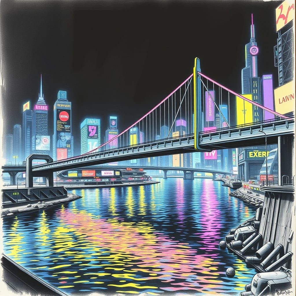 : A futuristic suspension bridge lit by neon lights over a glowing river in a cyberpunk city at night. The bridge's slee...