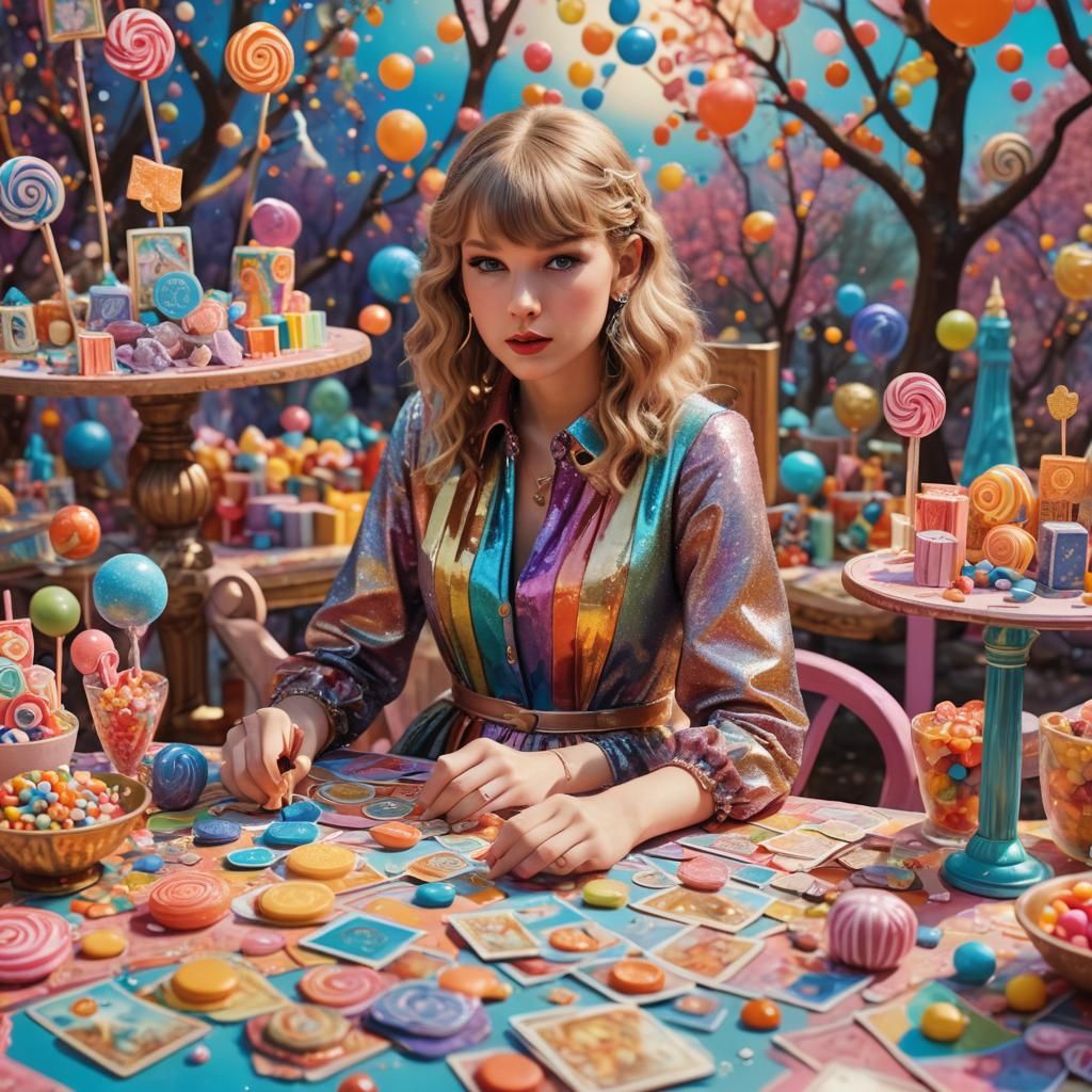 Taylor Swift in Candy Art Style with Tarot Cards
