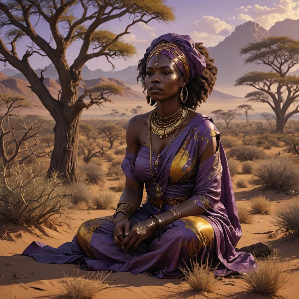 African Woman in Savanna, Dark Fantasy Concept Art