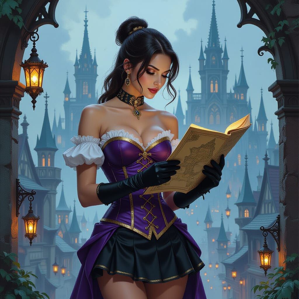 Fantasy Woman Reads Map in Gothic City, Oil Painting