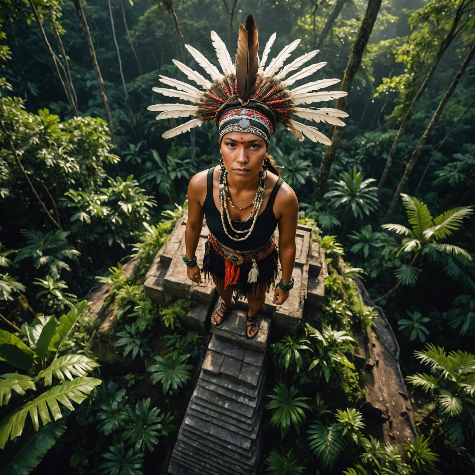 a wide-angle shot from above of an indigenous woman standing on a mesoamerican pyramid, wearing a head scarf with many f...