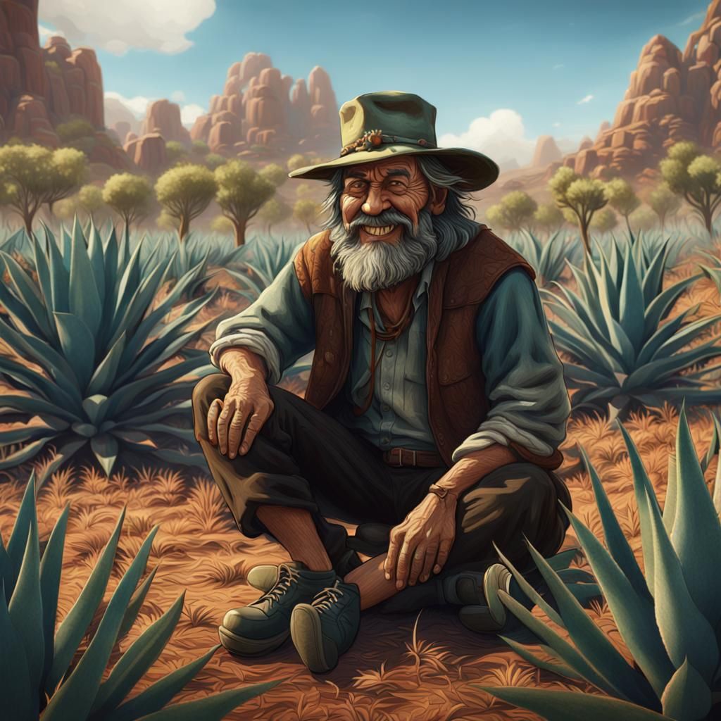 Happy Hobo in Agave Field: Detailed Matte Painting