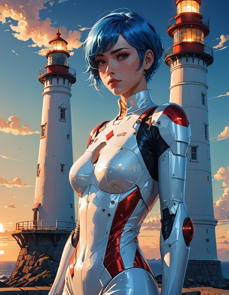 Anime Woman in Latex Suit at Lighthouse