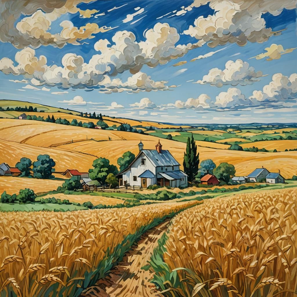 Golden Wheat Field: Impressionist Gouache Painting