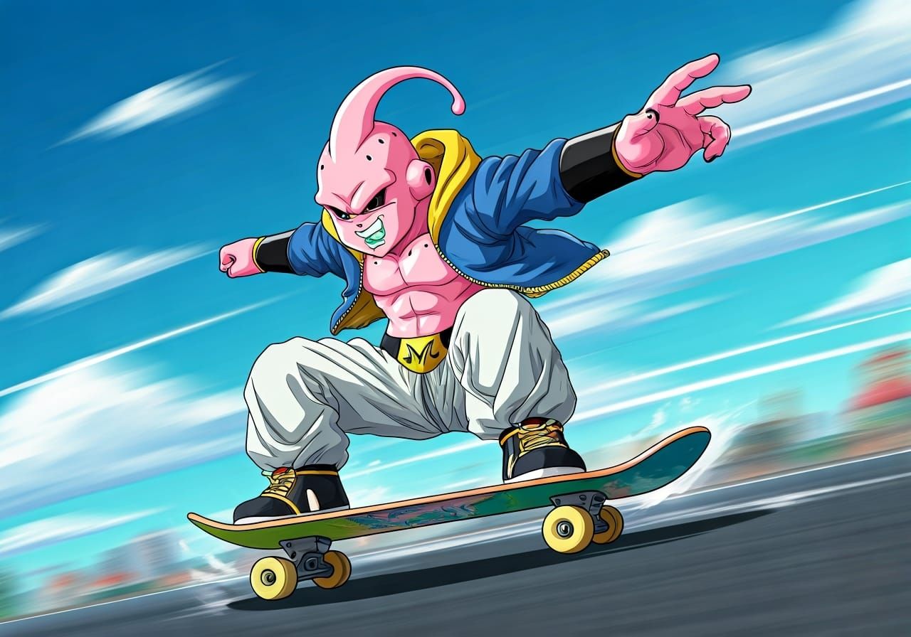 Kid Majin Buu Skateboarding in Anime Manga Style