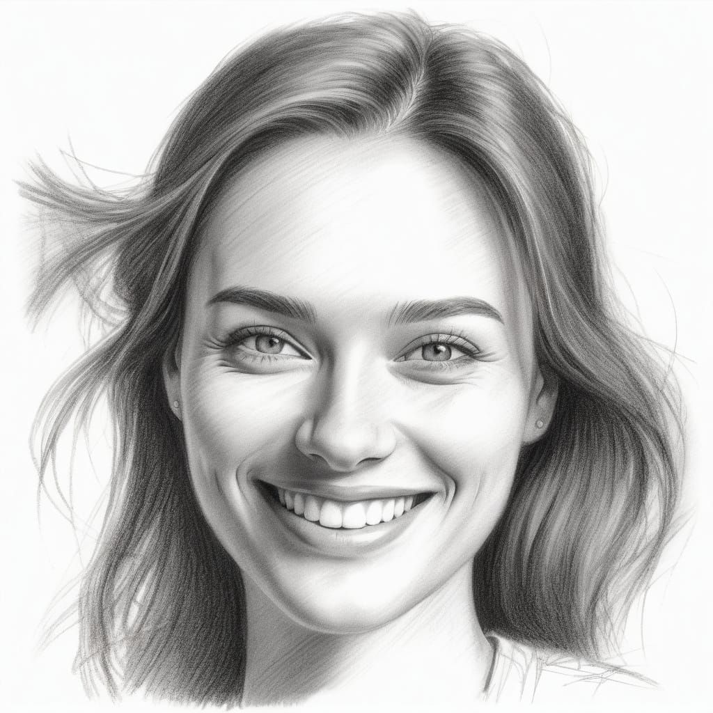 Expressive Pencil Sketch of a Smiling Young Woman