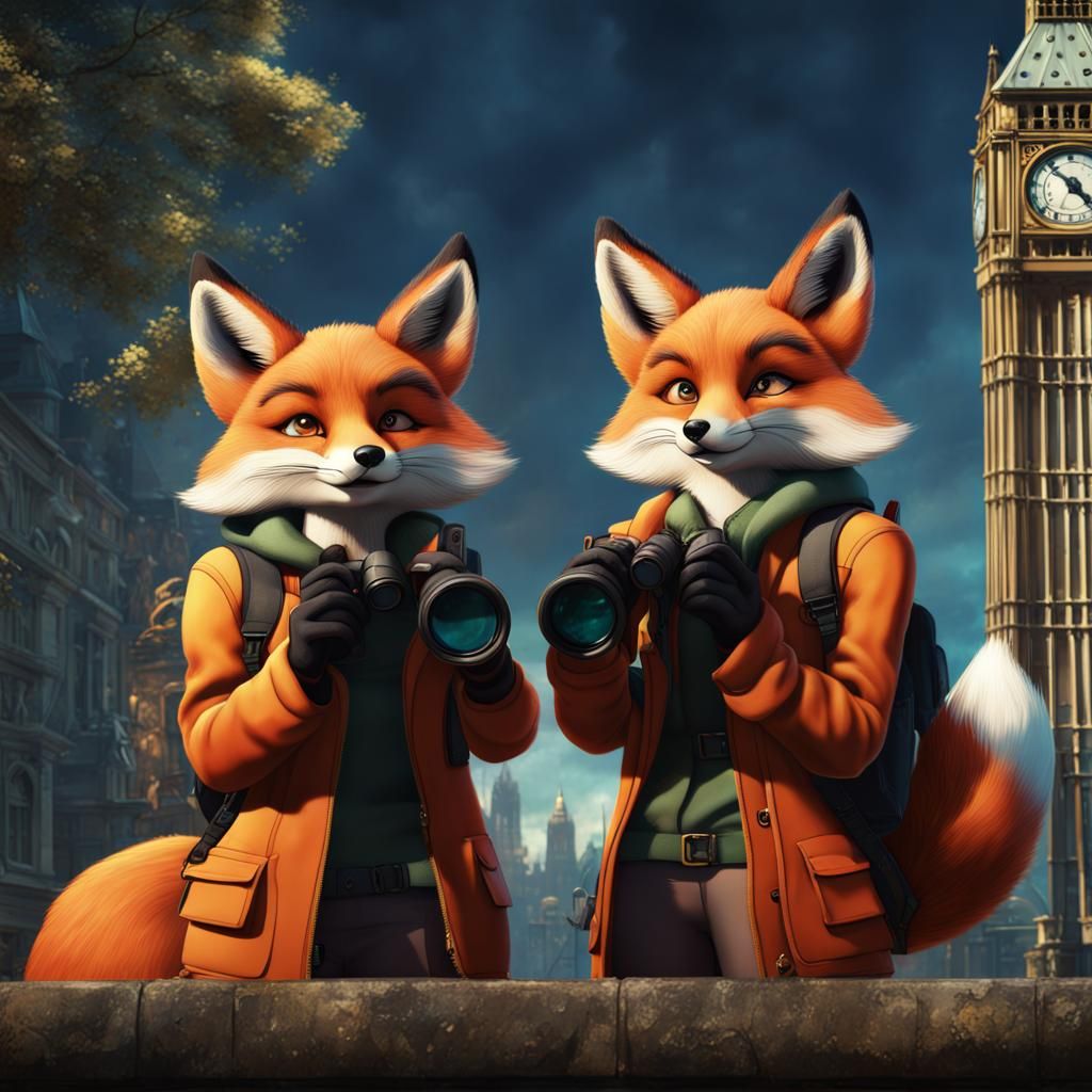Teenage Girl with Foxes in London: Detailed Matte Painting