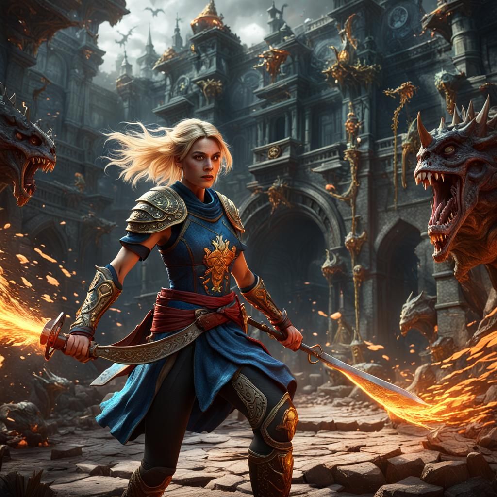 Blonde Warrior vs Minotaurs: Dark Fantasy Concept Art