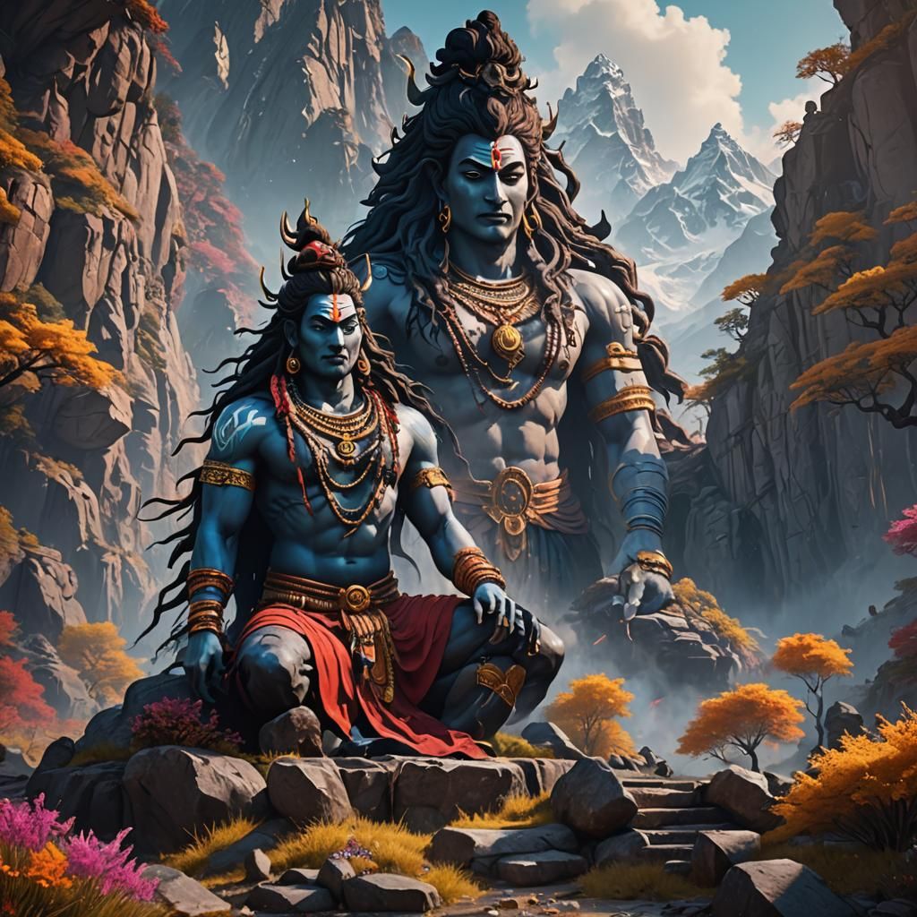 Colorful Mountain Scene Inspired by Lord Shiva