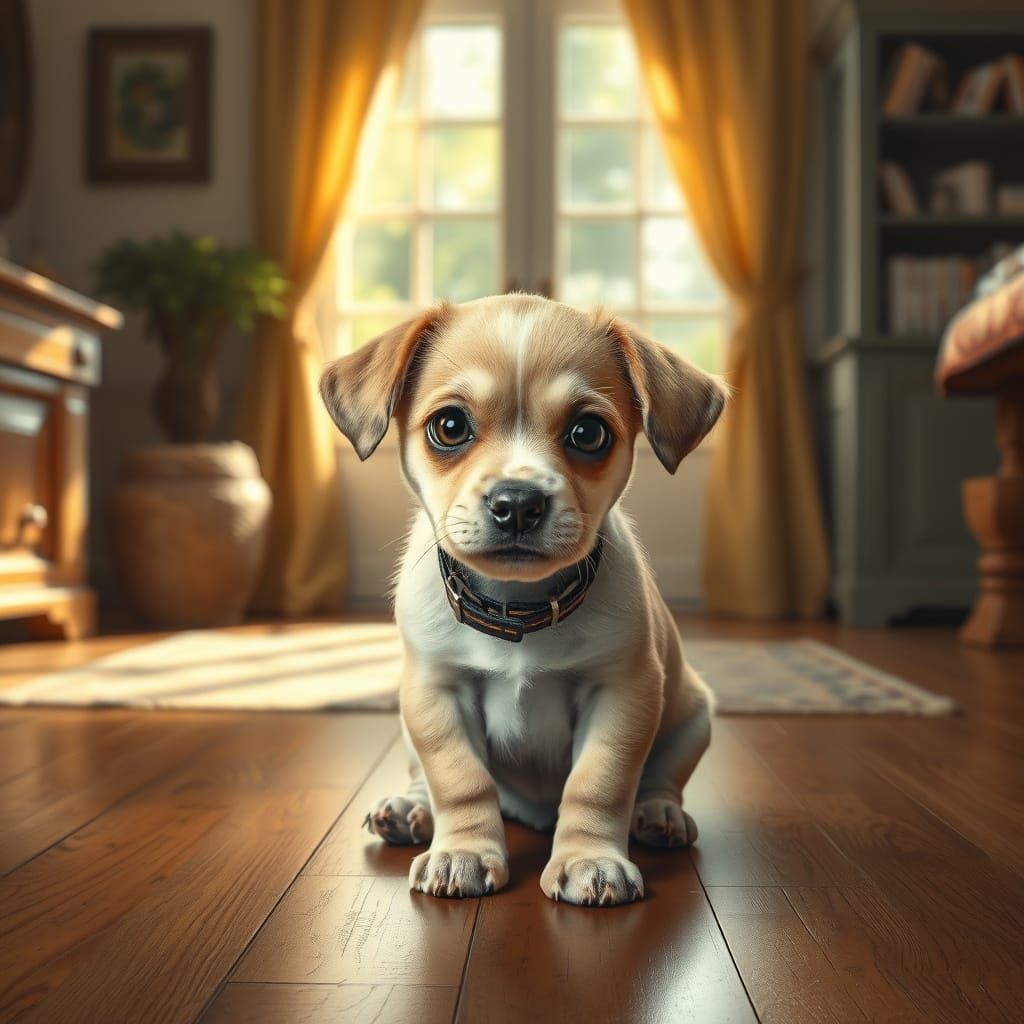 Charming Hyperrealistic Puppy in Cozy Sunlit Room