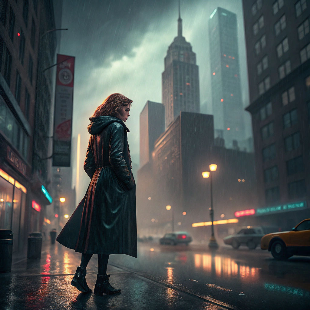 Rainy Cityscape with Woman in Film Noir Style