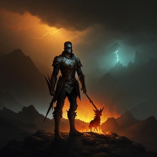 Spartan Warrior in Hellish Landscape: Epic Fantasy Art