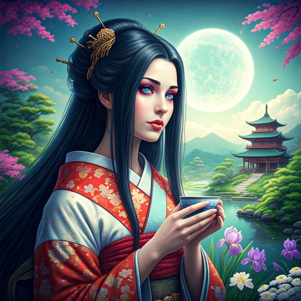 Ethereal Geisha in Dreamy Japanese Landscape