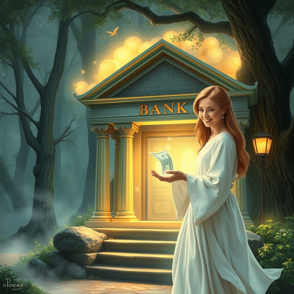 Mystical Forest Bank Transfer in Thomas Kinkade Style