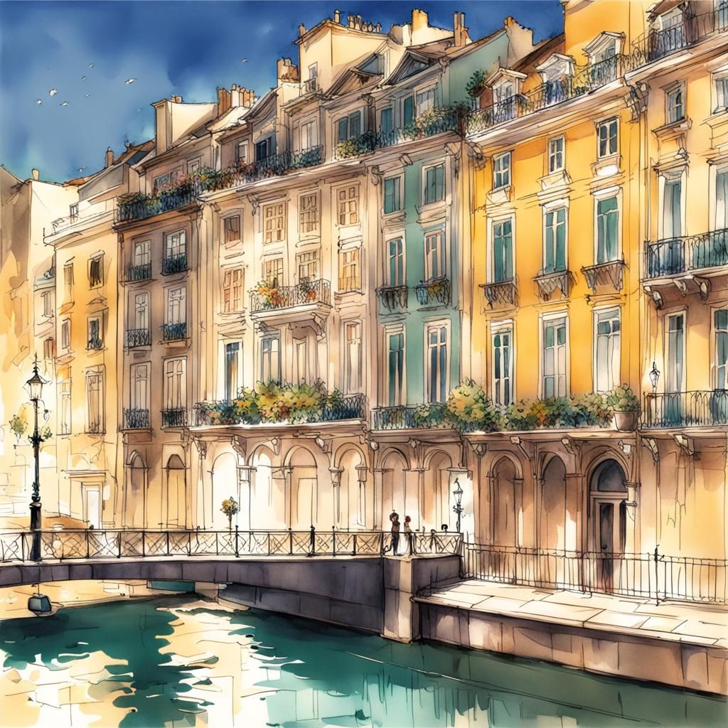 Seville's Plaza de España: Anime-Inspired Watercolor