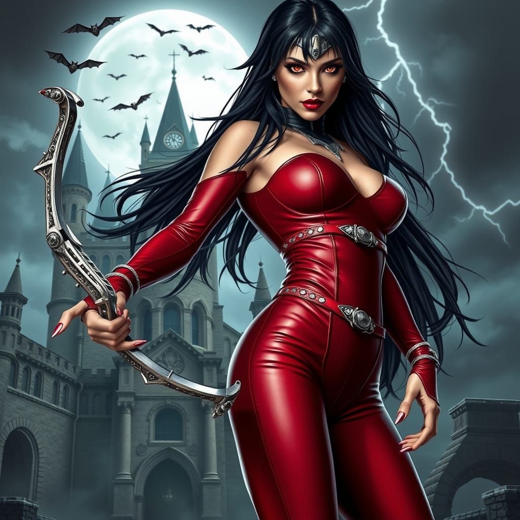 Vampirella: Gothic Vampire Huntress in Stormy Night