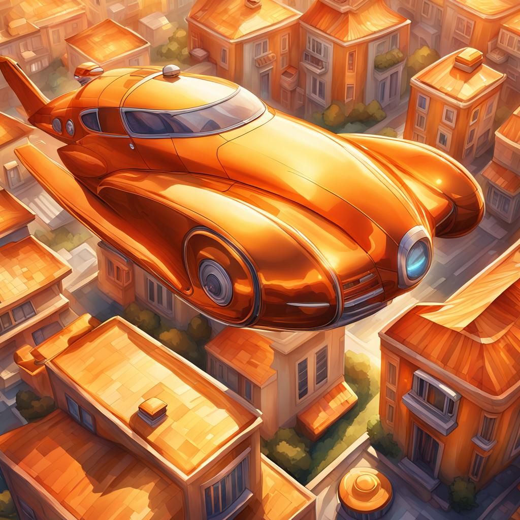 Orange Flying Car Over Art Deco Cityscape