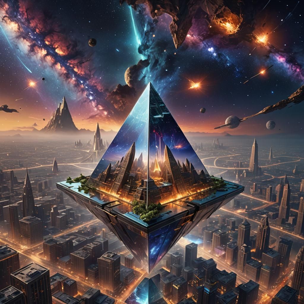 Glass Pyramid Cityscape in Galaxy Wing, Detailed Matte Paint...
