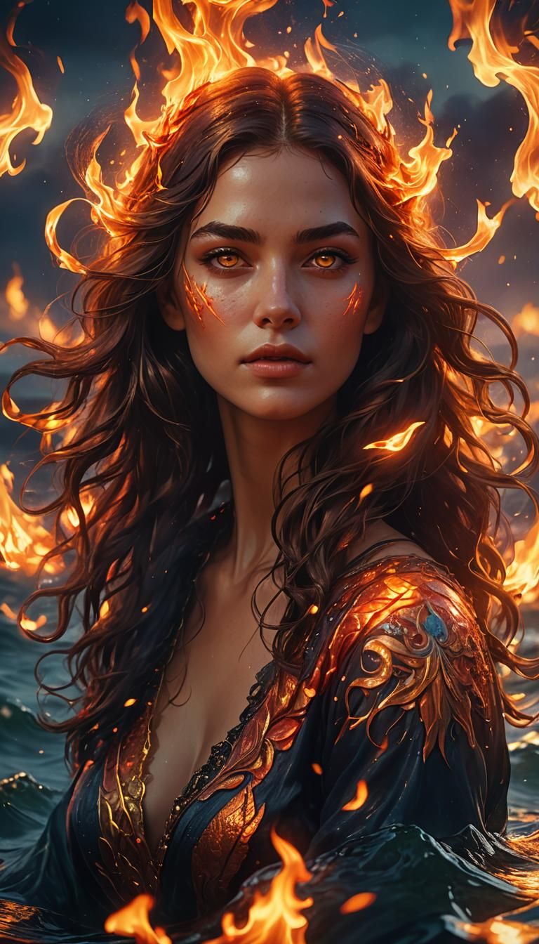 Beautiful Woman Amidst Burning Sea: Surreal Digital Art