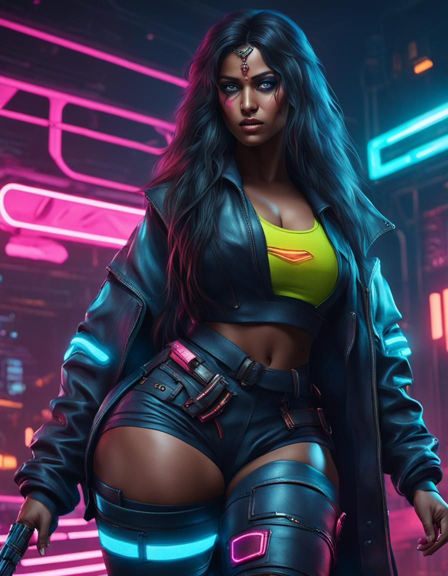 Curvy Indian Goddess in Cyberpunk Neon Style