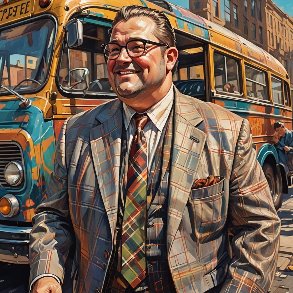 Cheerful Man with Accordion Next to Vintage Bus