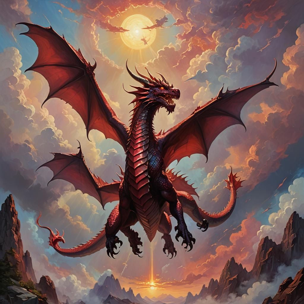 Ruby Dragon in Flight: Vibrant Oil Painting