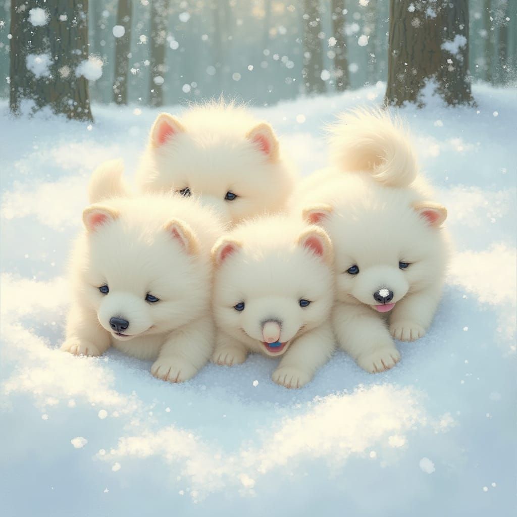 Samoyed Puppies Play in Snowdrift, Children's Book Illustrat...