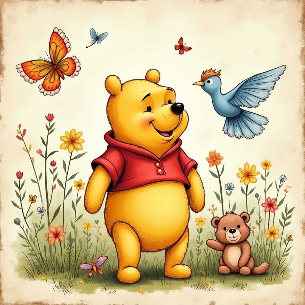 Whimsical Winnie the Pooh in Vintage Scrapbook Style