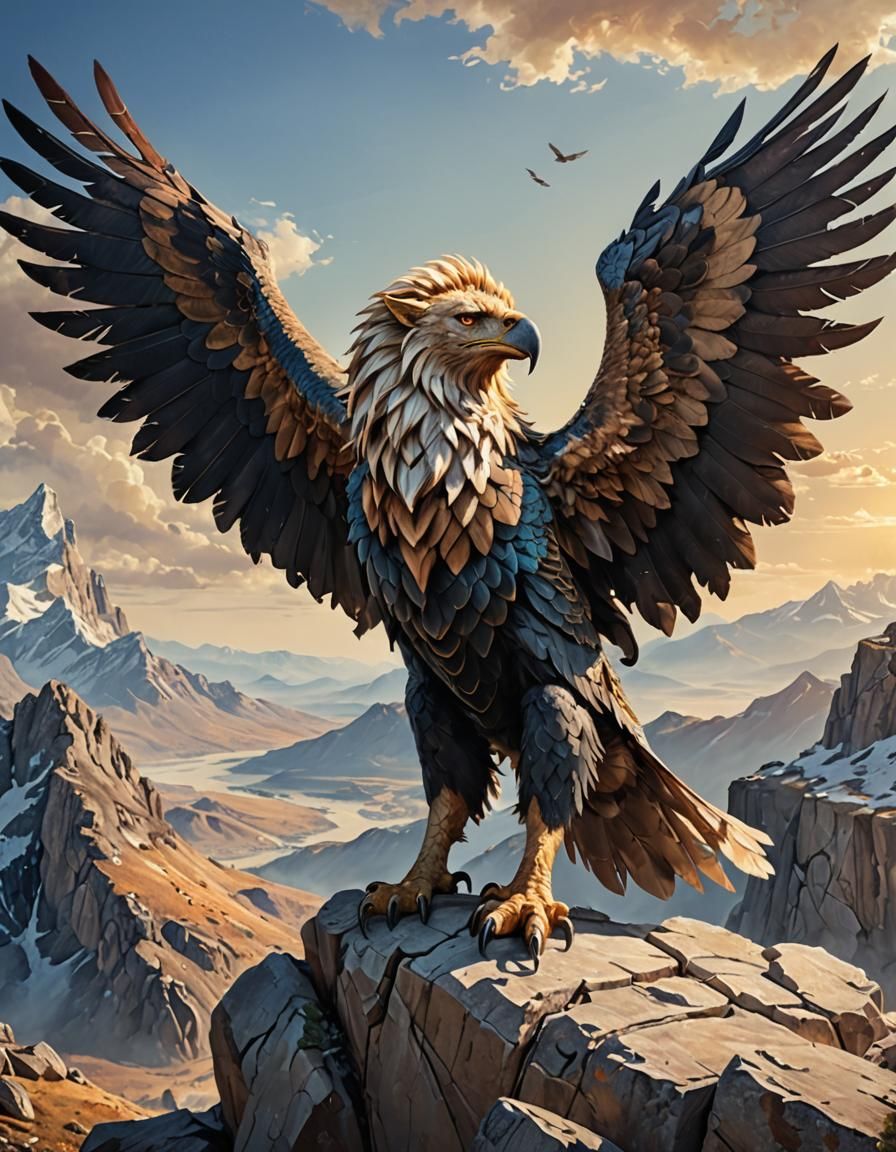 Majestic Lion Eagle Hybrid Soars in Fantasy Landscapes