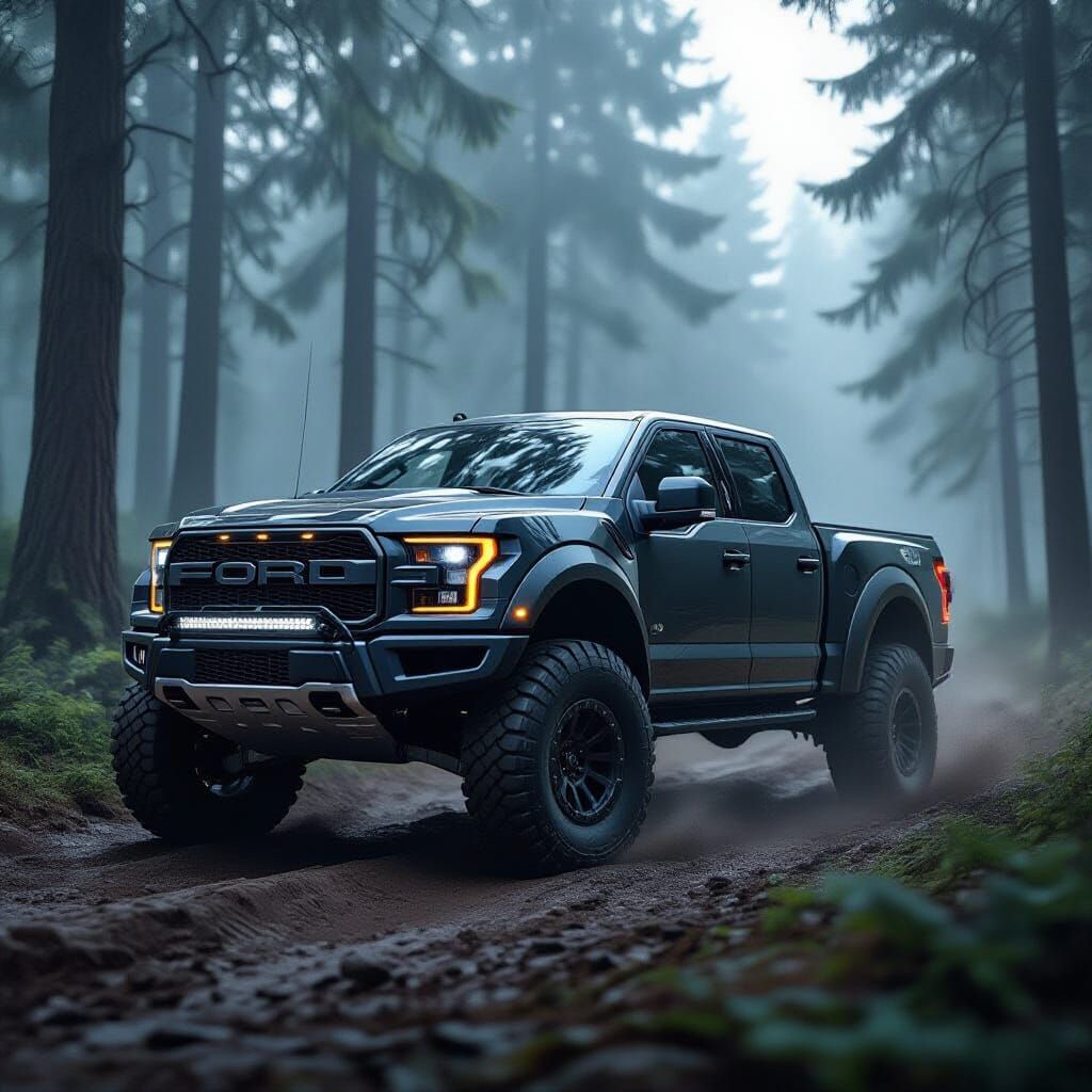 Sleek Black Ford Raptor in Misty Forest