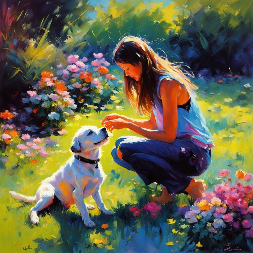 Girl Plays with Dog in Vibrant Neon Garden