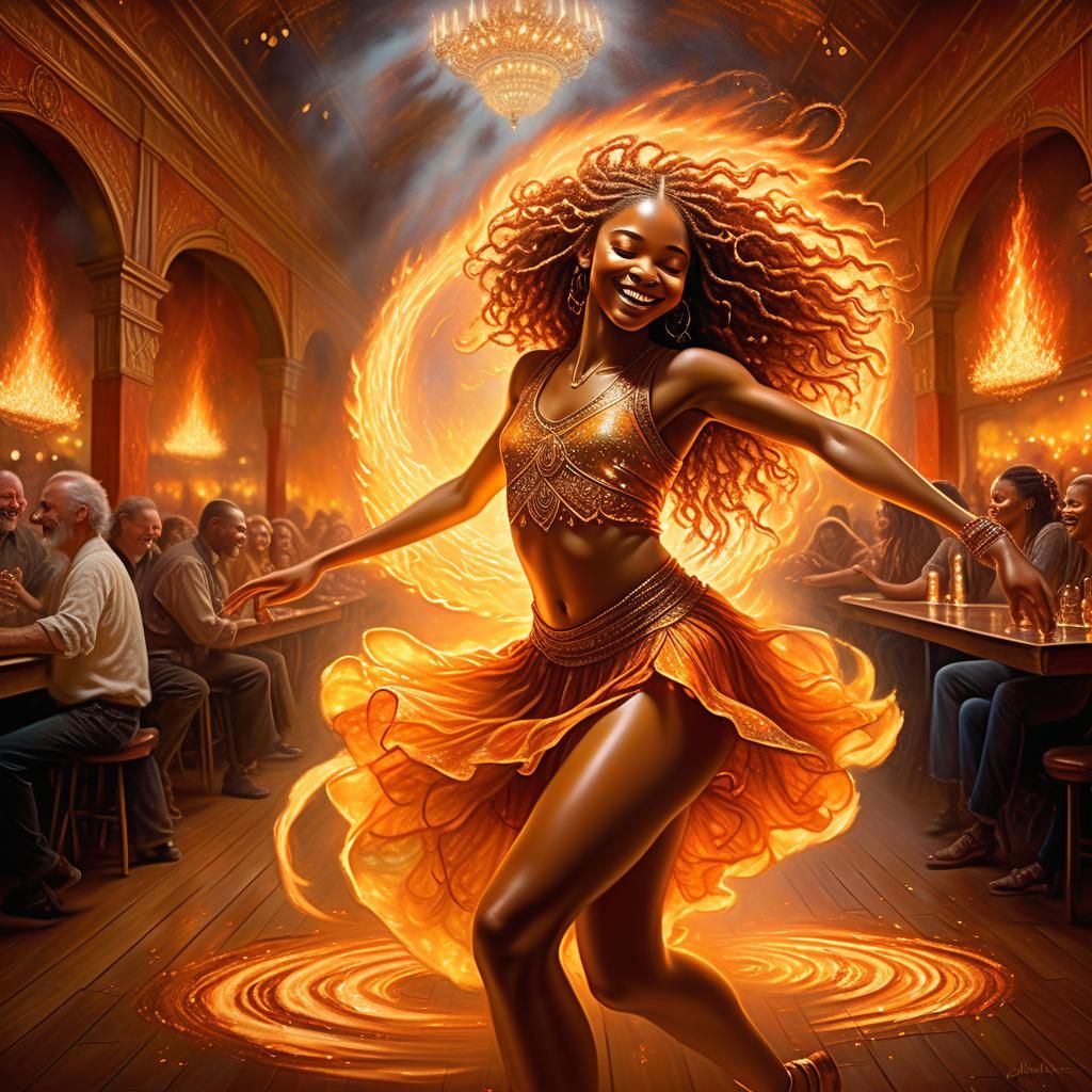 Joyful Woman Dancing with Hair on Fire