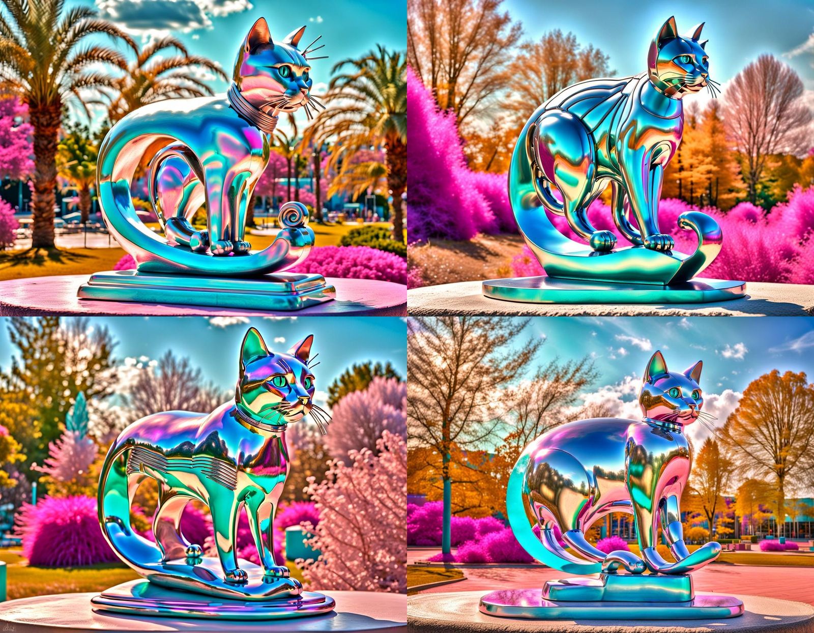 Silver Cat Sculpture on Pastel Cloudscape