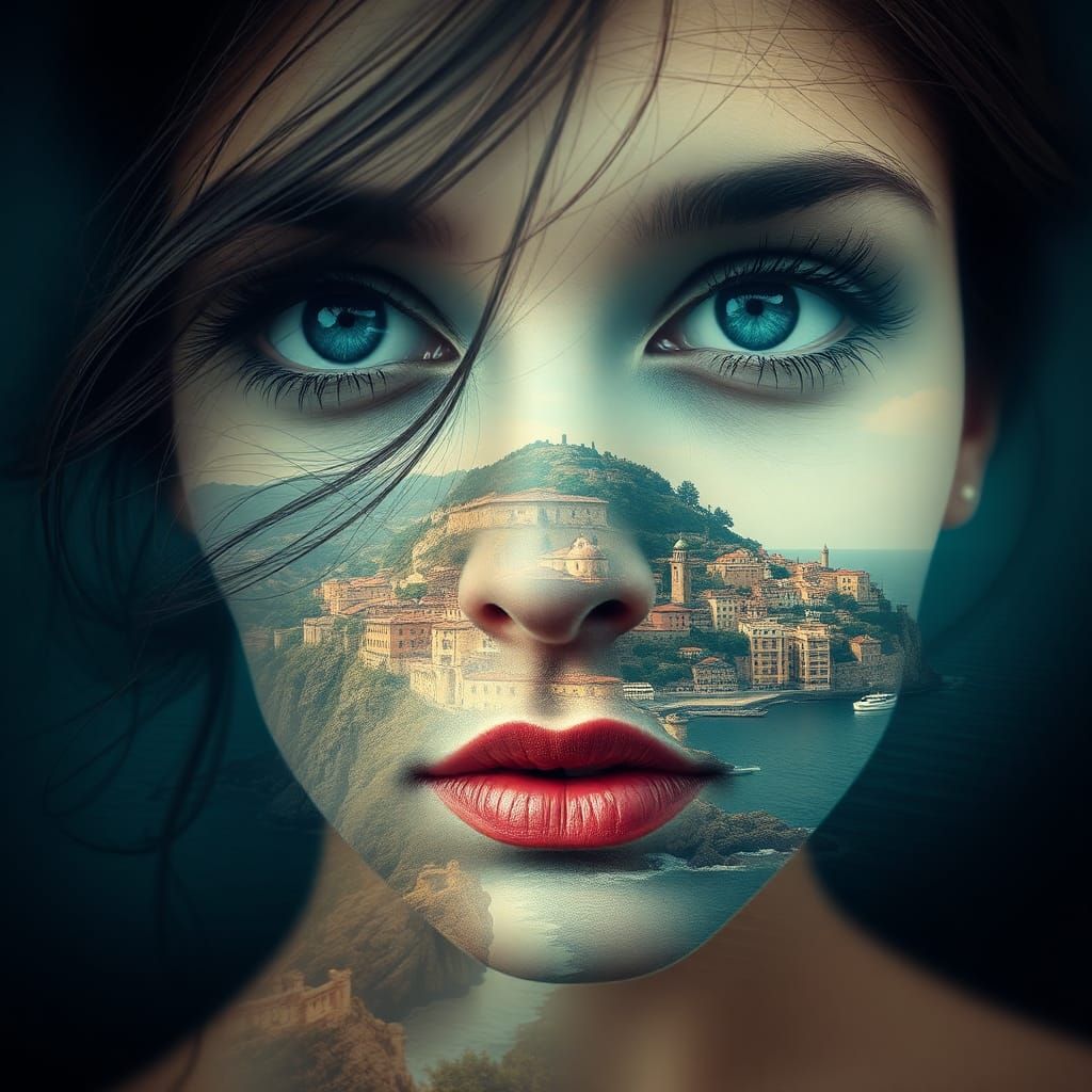 Surreal Seaside Village in a Woman's Face