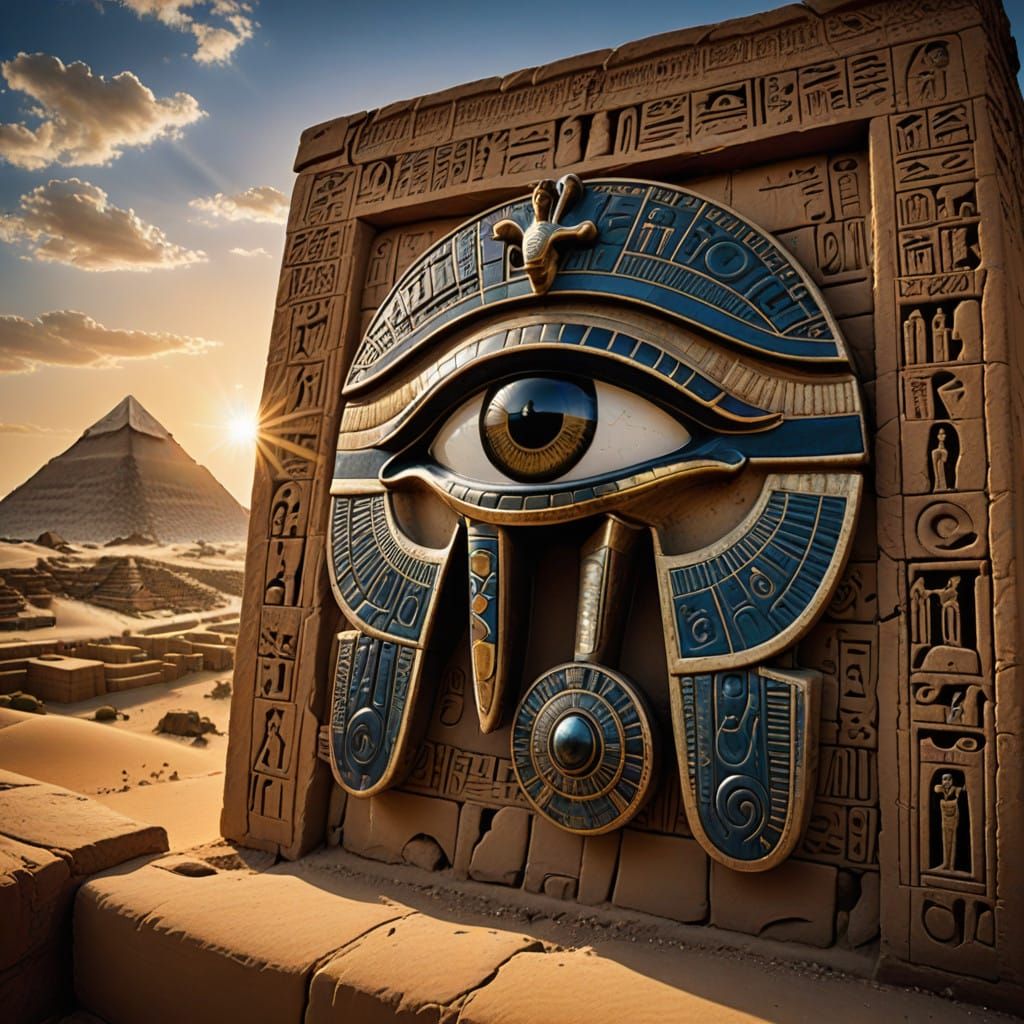 Egyptian Eye of Ra in Vibrant Desert Landscape