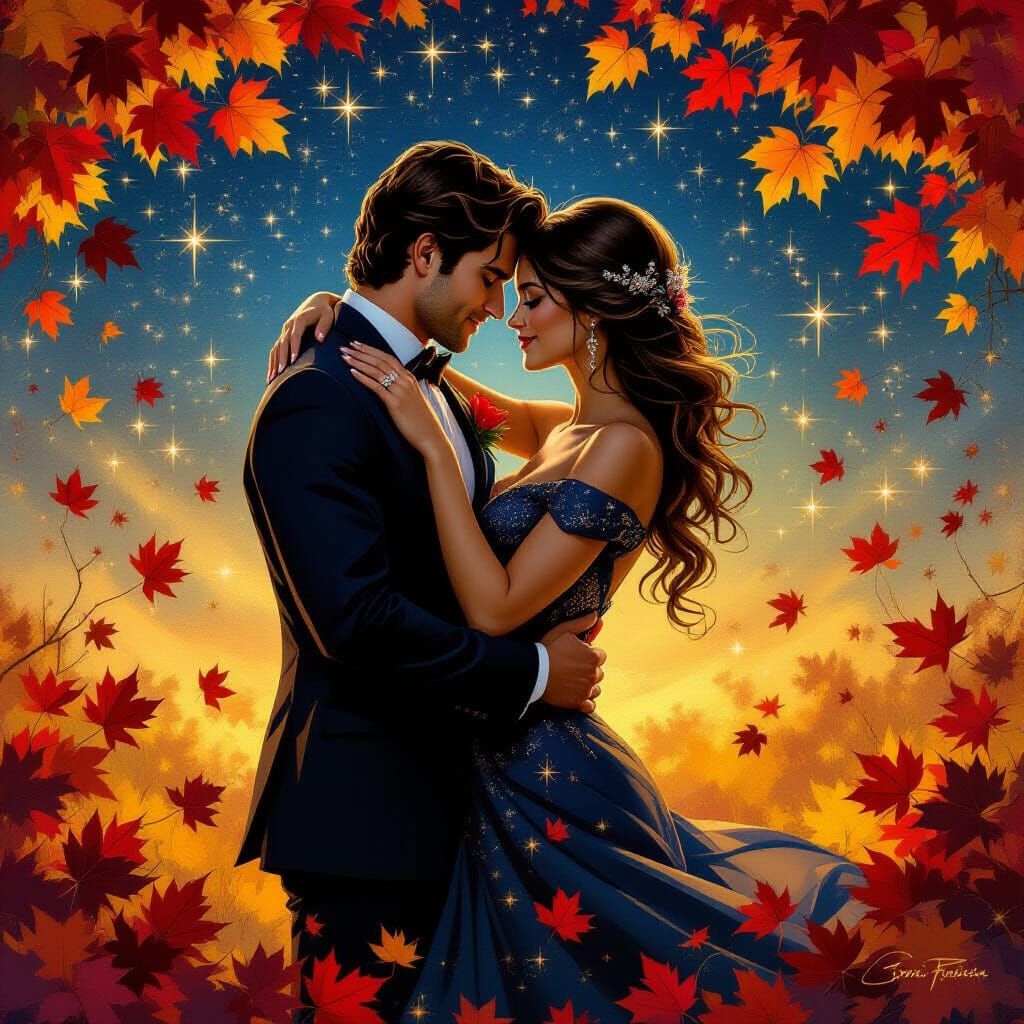 Embracing Couple Under Autumn Stars: Fantasy Illustration