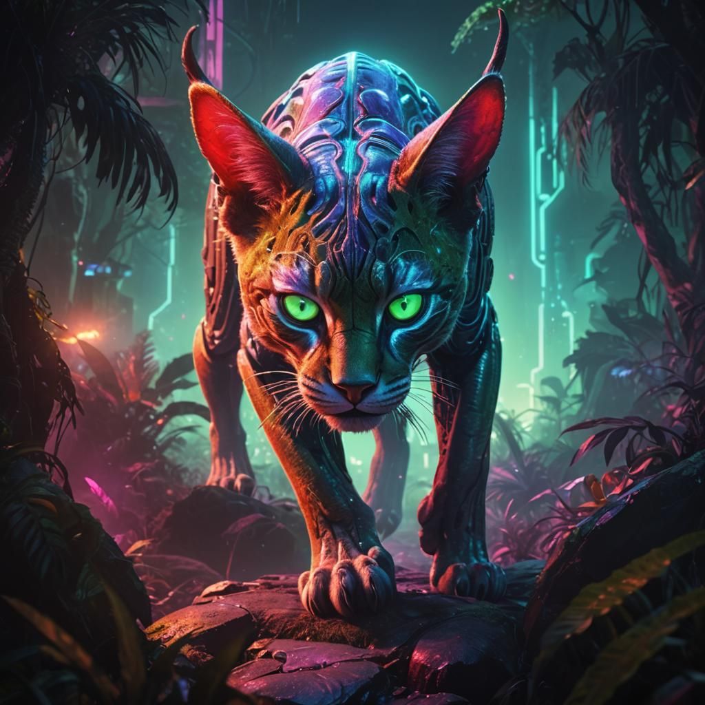 Alien Cat Prowls Futuristic Jungle in Digital Art