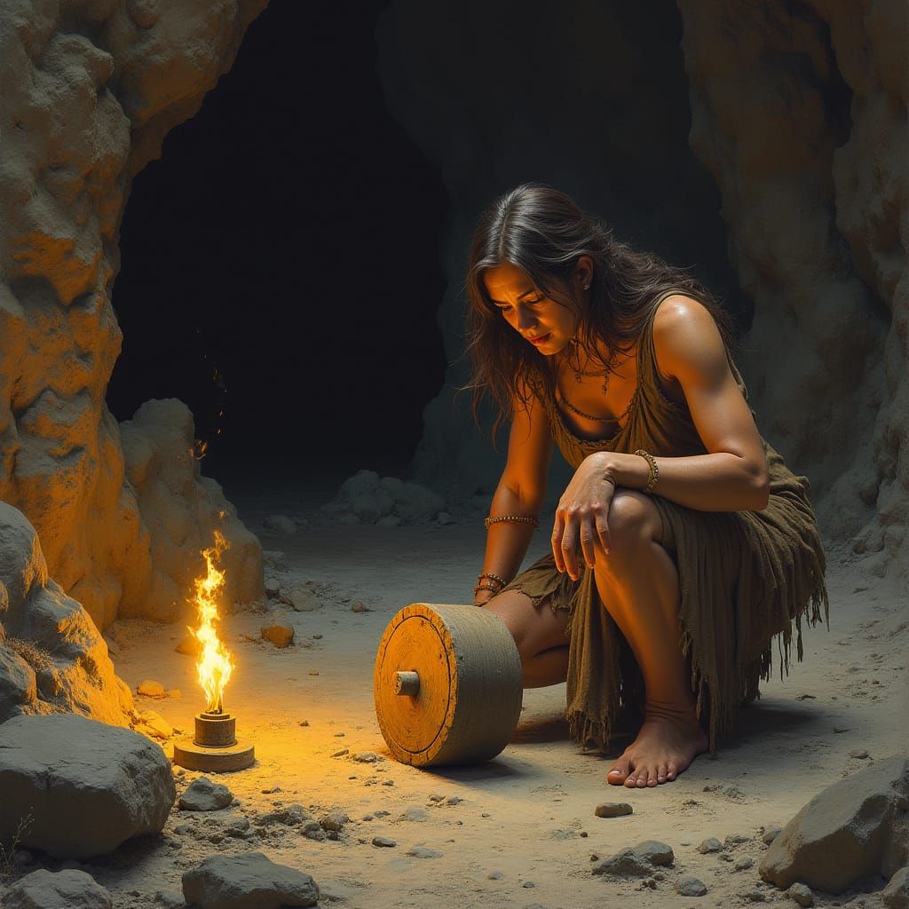 Cavewoman Discovers the Wheel in Flickering Torchlight