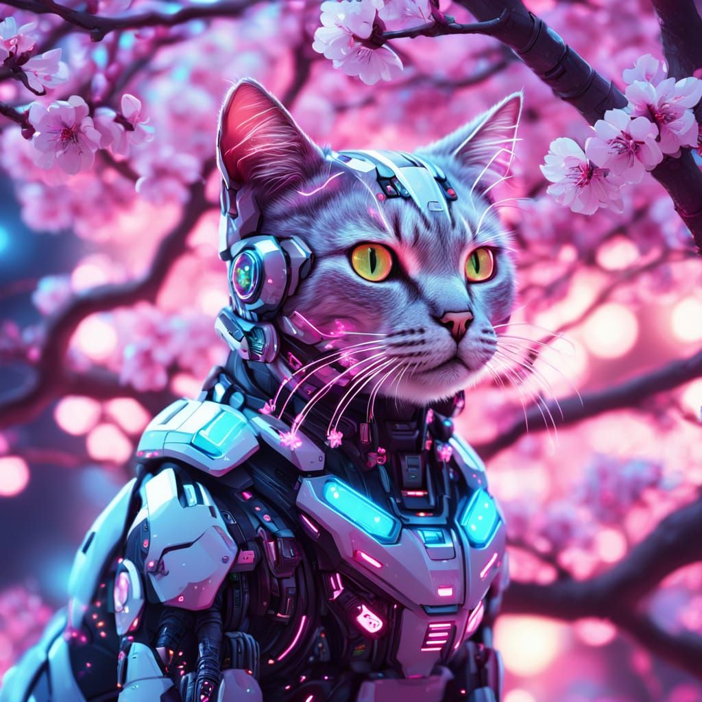 Futuristic Cat Cyborg in Sakura Tree, Vibrant Digital Art