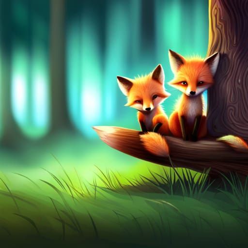 Cozy Baby Foxes on Tree Trunk, Storybook Style